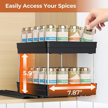 Mystozer Pull Out Spice Rack Organizer for Cabinet, Slide Out Spice Racks Organizer, Easy to Install Spice Cabinet Organizers, 8.26''Wx10.6''Dx8.7''H, 1 Pack-2 Tier(Black)