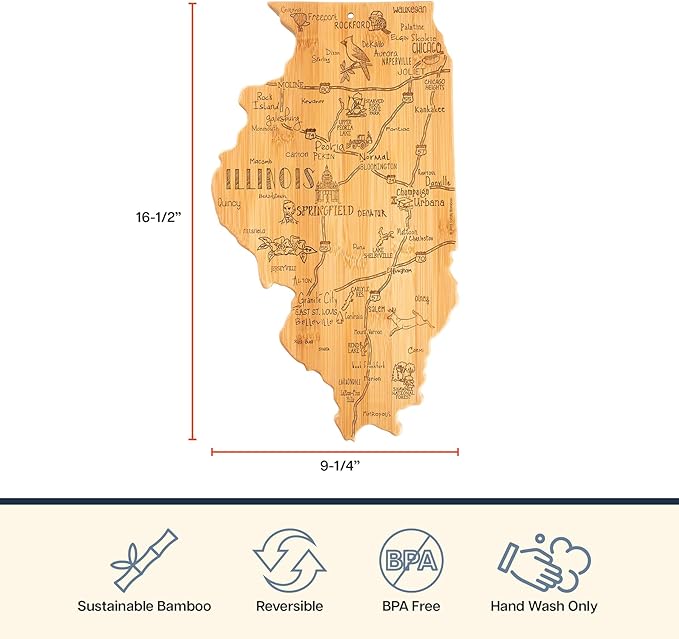 Totally Bamboo Destination Illinois Shaped Cutting Board – Bamboo Charcuterie and Serving Board with Hang Tie for Wall Display