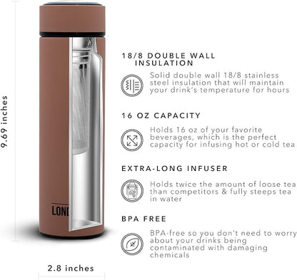 The London Sip 16.9 oz Multi-Purpose Tea Infuser Mug – Fruit Infuser Water Bottle for Hot and Cold – Double Wall Stainless Steel Insulated, Mocha Brown