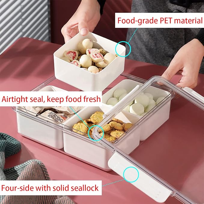 3Pack Snackle Box Divided Veggie Serving Tray with Lid Salad Keeper with 4 Removable Boxes Stackable Refrigerator Organizer Bins Produce Saver for Meal Prep Fruit Vegetable Lunch Meat