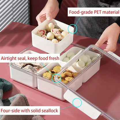 3Pack Snackle Box Divided Veggie Serving Tray with Lid Salad Keeper with 4 Removable Boxes Stackable Refrigerator Organizer Bins Produce Saver for Meal Prep Fruit Vegetable Lunch Meat