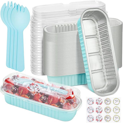 25Pack Mini Cake Pans Disposable Mini Loaf Pans with Lids and Spoons and Stickers, 6.8Oz Aluminum Foil Pans Tins, Individual Dessert Cups Containers for Sales,Party,Picnics Sky Blue