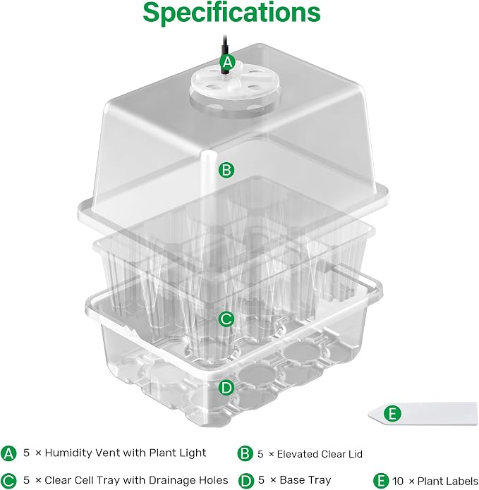 Bonviee 5 Packs Seed Starter Tray with Grow Light, Elevated Seedling Starter Trays Kits with Adjustable Humidity Domes and Clear Cell Tray, 12 Full Spectrum led lamp Beads for Plants Indoor-Clear