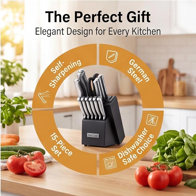McCook® Knife Sets, German Stainless Steel Knife Block Sets with Built-in Sharpener, 15 Piece Chef Knife and More, Razor Sharp, Restaurant Grade, Anti-Rust, Elegant Box for Gift