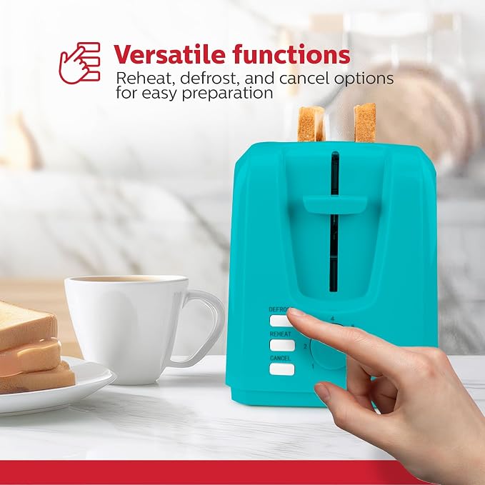 Holstein Housewares 2-Slice Toaster with 7 Browning Settings, Extra-Wide Slots, Reheat, Defrost, Cancel, High-Lift Release, Removable Crumb Tray – Compact Stainless Steel, Teal