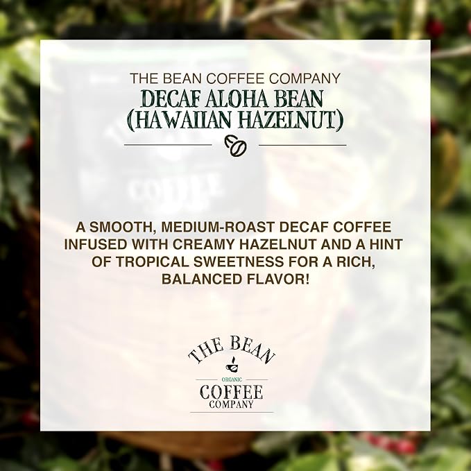 The Bean Organic Coffee Company Water Processed DECAF Aloha Bean (Hawaiian Hazelnut), Medium Roast, Ground Coffee, 16-Ounce Bag, Café Molido Tostado Orgánico descafeinado