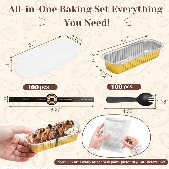 YQER 100 Pack Gold Mini Cake Pans with Lids and Spoons, 6.8 oz Disposable Aluminum Foil Mini Loaf Pans with Stickers, Individual Elegant Dessert Cake Tins Containers for Weddings, Parties, Bake Sales