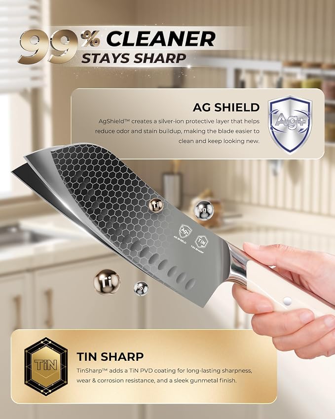 OOU 7 Inch Santoku Knife, German 1.4116 Stainless Steel Kitchen Knife, Gunmetal Blade with AgShield & TinSharp Finish, Balanced ABS Handle, Sharp Cooking Knife for Meat, Vegetables and Daily Prep
