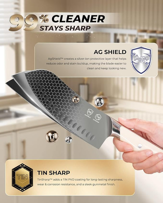 OOU 7 Inch Santoku Knife, German 1.4116 Stainless Steel Kitchen Knife, Gunmetal Blade with AgShield & TinSharp Finish, Balanced ABS Handle, Sharp Cooking Knife for Meat, Vegetables and Daily Prep