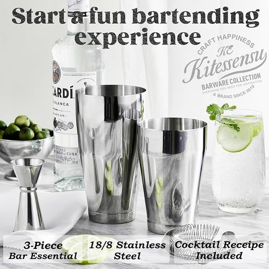KITESSENSU Boston Cocktail Shaker Set, 4-Piece Boston Shaker Tins Bartender Kit with 18oz & 28oz Mixed Drink Shaker, Hawthorne Strainer, Double Measuring Jigger, Cocktail Recipe Cards Included