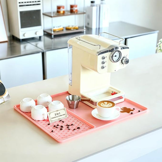 CAKETIME 2 In 1 Silicone Coffee Bar Mat Accessories for espresso Machine with Detachable Dish Drying Mat Easy to Clean Kitchen Cafetera Barista Tools Pink Home Decor Cut Girls Gifts
