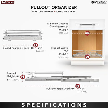 Rev-A-Shelf Steel Wire Pullout Drawer Organizer Shelf for Kitchen Cabinets, Slide Out Storage Basket, Min Opening Width of 23.5", 24" x 22", 5WB1-2422CR-1