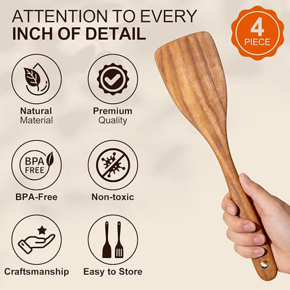 4 Pcs Acacia Wooden Spatula Set Non Toxic Kitchen Utensil Set Slotted Turner Flat Wood Wok Spatulas for Cooking Spoon Kitchen Spurtle Bamboo Cooking Utensils Fish Egg Flipper Spatula Cast Iron Scraper