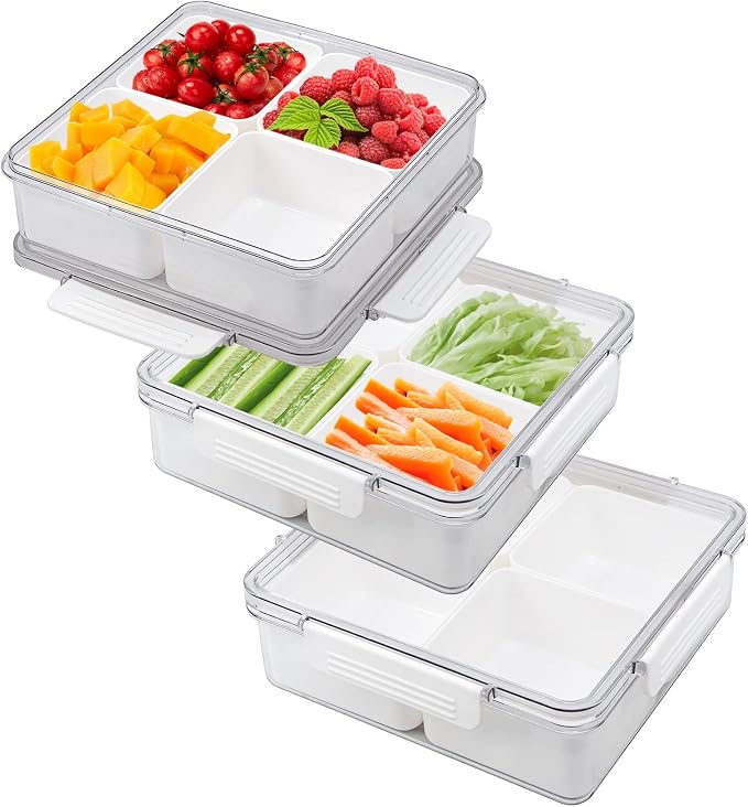 3Pack Snackle Box Divided Veggie Serving Tray with Lid Salad Keeper with 4 Removable Boxes Stackable Refrigerator Organizer Bins Produce Saver for Meal Prep Fruit Vegetable Lunch Meat