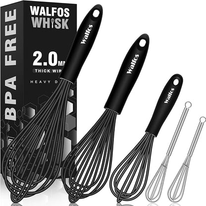 Silicone Whisks set with 7+5in mini stainless steel whisk, Non Scratch Coated 7+9+11in Whisks for Nonstick Cookware,Premium for Blending, Whisking, Beating, Frothing & Stirring