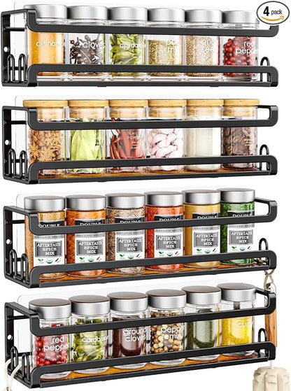 Doakhirmit Wall Mount Spice Rack, Black,4 Pack | 16 Hooks,Screw or Adhesive Installation , Hanging Organizer for Stove Cabinet Pantry Door Kitchen and RV Use
