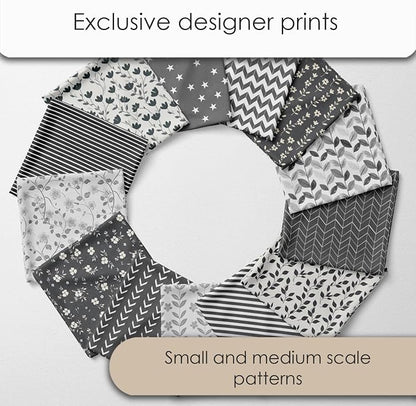 Cotton Satin Patchwork Fabric Panel – 35 Designs, 20×20 cm Squares, Single Piece 150×110 cm, Black & Grey Patchwork Quilt Fabric (Moonlight Patchwork Set, 35pcs 8x8 inch)