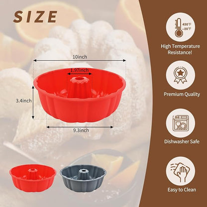 PADELE 2 Pack Silicone Cake Pan Nonstick,10 Inch, Silicone Cake Molds,Pound Cake Pan, Baking for Jello,Gelatin,Cake,Brownie and Bread (Red+Grey)