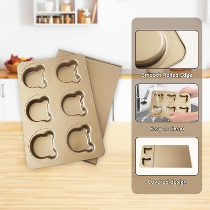 6 Cup English Muffin Pan with Sliding Lid, Bear Shaped Muffin Pans, Nonstick Carbon Steel Hamburger Bun Mold, Cute Bear Muffins Tin for Donut Sandwich Quiche Pancake