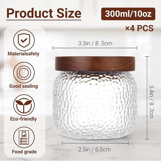 LemonRoad 4 Pack 10 oz Vintage Glass Jars with Lid Decorative Airtight Glass Food Containers Anti Slip Storage Canister for Kitchen Counter Pantry Coffee Nuts Sugar Candy Tea Cookie Spices Oats Cereal