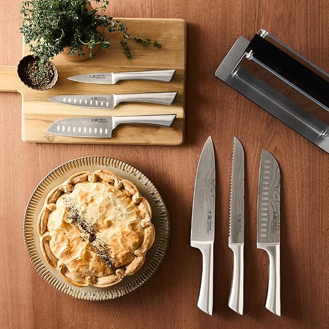 Cuisine::pro Damashiro Knife Block (Kumi, 7-Piece Chef Knife Set) - Japanese Steel Knife - Magnetic Knife Block- Damascus-Inspired Blade Kitchen Knives