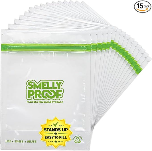 Smelly Proof 15 x Expandable Stand & Fill REUSABLE Storage Bags for Food Designed & Mfg in US, BPA FREE, NO PEVA, Reusable Sandwich Bags, Dishwasher-Safe, Clear 3 mils STAND UP 6.5" x 7.5" - 15pk