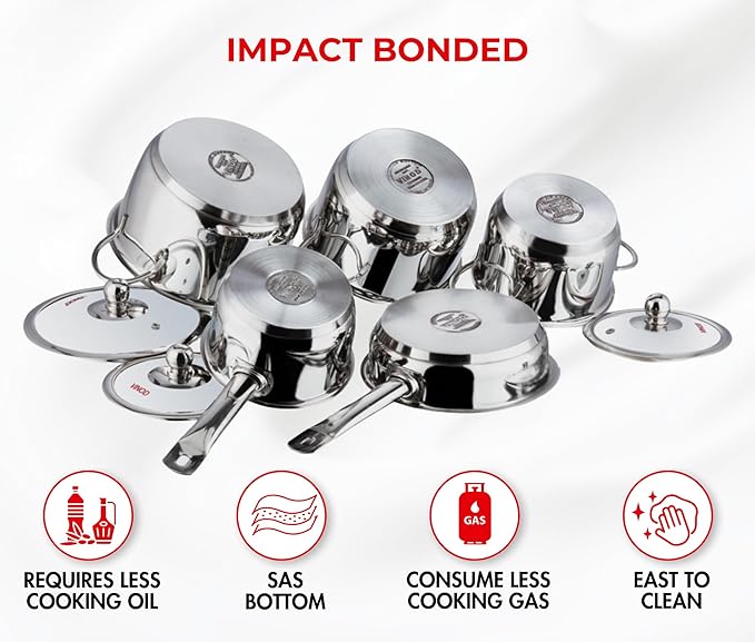Vinod Stainless Steel Induction Friendly Tuscany Set 5 Pieces - Saucepan (14 cm/1.3 Litre), 3 Cassseroles (14 cm,16 cm & 18 cm/1.3,2 & 2.8 Litre), Frypan (18 cm) & 3 Glass Lids