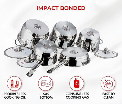 Vinod Stainless Steel Induction Friendly Tuscany Set 5 Pieces - Saucepan (14 cm/1.3 Litre), 3 Cassseroles (14 cm,16 cm & 18 cm/1.3,2 & 2.8 Litre), Frypan (18 cm) & 3 Glass Lids