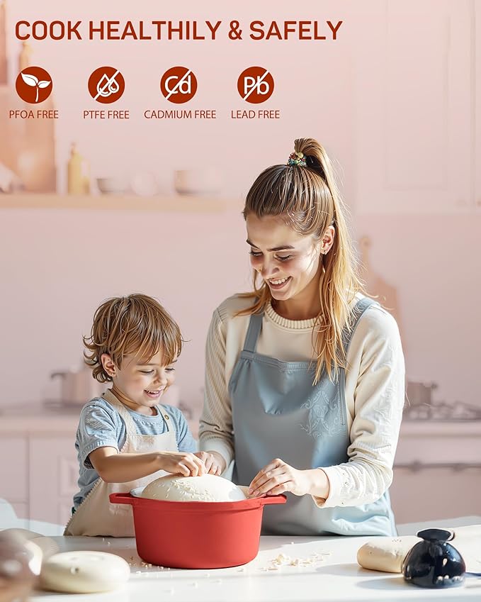 Ciwete Enameled Cast Iron Dutch Oven – 4.4 Quart Pot with Lid & Potholders – Heavy-Duty Cookware for Bread Baking, Braising, Stews & Roasting – Oven & Stovetop Safe up to 500°F – Red