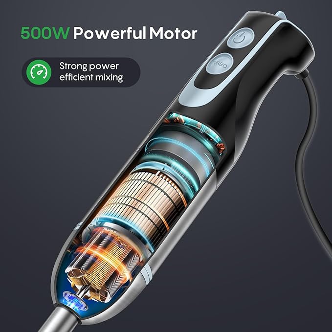 Immersion Handheld Blender 500W with 700ml Beaker, 12-Speed & Turbo Mode Hand Blender Stick, 304 Stainless Steel Blades for Soup, Smoothie, Puree, Baby Food