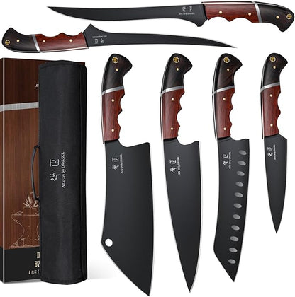 DRGSKL Kitchen Knife Set with Bag - 6 PCS Chef Knives Set - Cleaver, Boning, Fillet, Santoku, Kitchen Utility Knives, Chef Knife with Full Tang Wooden Handle, Gifts for Men and Women