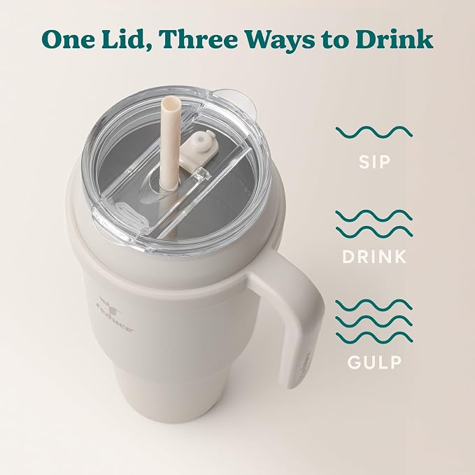 REDUCE Reusable 50 oz Cold1 Water Tumbler – Ergonomic Handle – Double-Wall Insulation – Sturdy Desktop/Tabletop Mug with Lid and Straw – BPA-Free – Stainless Steel for Gym, Home, Office – Casa Blanca