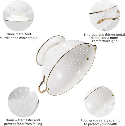 Metal Colander Set of 3, Strainer Basket with Handles perfect for Spaghetti, Pasta, Berry, Vegetable, Fruit, Solid Base Powder Coated Kitchen Essential Strainer Set, 1 & 3.5 & 5 Qt (Cream)