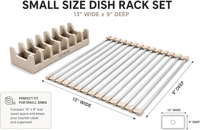 Small Aluminum Roll Up Dish Drying Rack (9" x 13") - Fits Sink Openings up to 8.5", for Narrow Sink Only, Square Bar, Rust-Proof, with Dish Holder (Beige)
