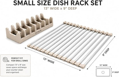 Small Aluminum Roll Up Dish Drying Rack (9" x 13") - Fits Sink Openings up to 8.5", for Narrow Sink Only, Square Bar, Rust-Proof, with Dish Holder (Beige)