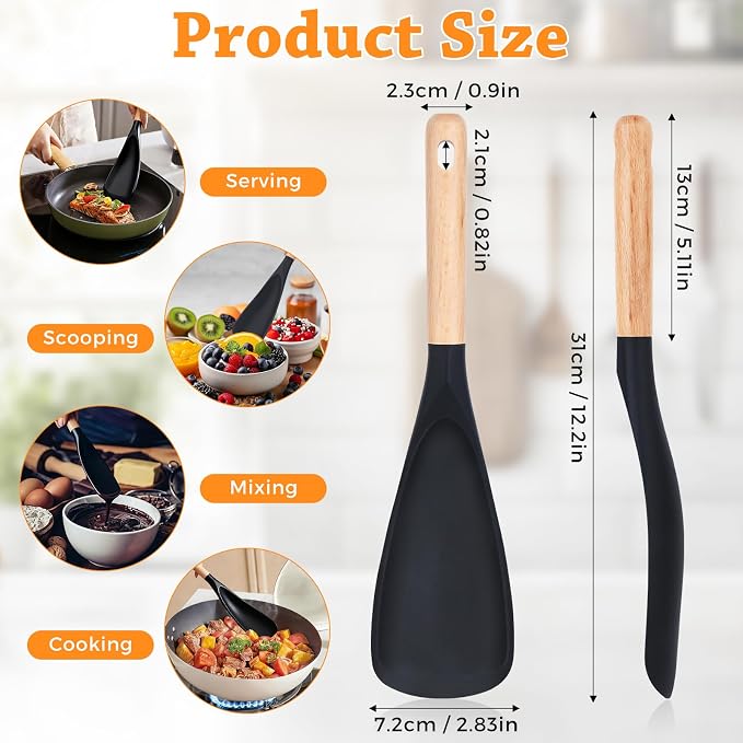 Silicone Cooking Spoon for Nonstick Cookware, 2-Pack Wooden Handle Spatula Spoon for Mixing, Scooping, Scraping and Serving, Safe for Pots Pans Skillets
