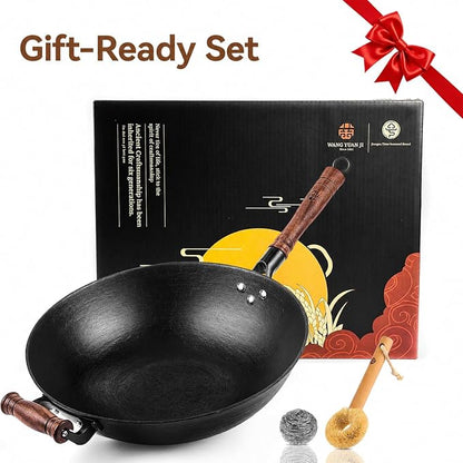 WANGYUANJI 12.6" Cast Iron Wok with Wood Lid, Traditional Uncoated Flat Bottom Chinese Stir Fry Pan, Heavy Duty Hand-Cast Wok for Induction, Gas & Glass Top Stoves (4 Qt)