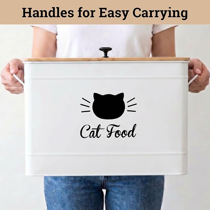 Cat Food Storage Container with Scoop - 15 lb (50 Cup) Capacity Metal Cat Food Container with Airtight Bamboo Lid & Metal Scoop - Airtight Pet Food Storage Containers - 15 lb Treats & Kibble Container