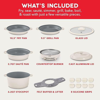 Dash Stacks 16-Piece Ceramic Nonstick Cookware Set with Electric Burner, Pots and Pans Set, Stackable Nesting Kitchen Pots and Pans, Small Kitchen, Oven Safe, Cream