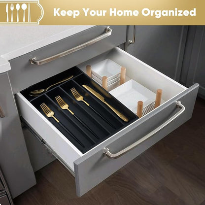 Silverware Organizer, 10 Inch Utensil Organizer Kitchen Drawer Organizer Bamboo Silverware Holder Cutlery Tray Organizer in Drawer Flatware Organizer Tray(5 slots, Black