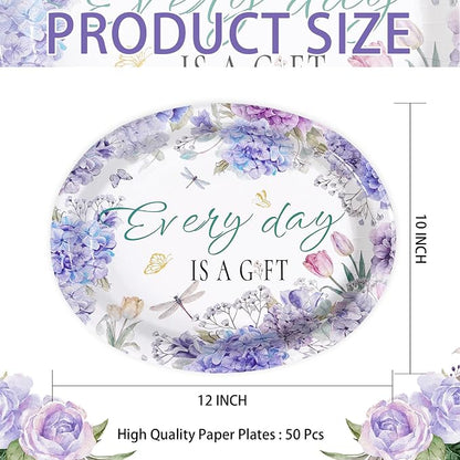 50Pcs Hydrangea Oval Paper Plates 10" x 12" Large Disposable Heavy Duty Purple Floral Dragonfly Paper Platters Every Day Is A Gift Dessert Plates for Wedding Bridal Shower Dinner Party Supplies