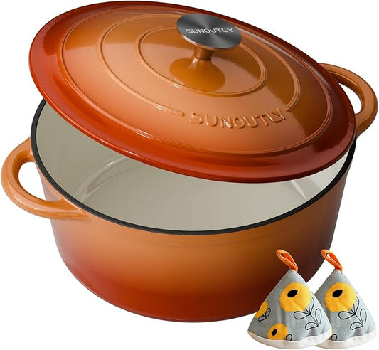 Enameled Cast Iron Dutch Oven - 4.5QT Dutch Oven Pot with Lid & Cotton Potholders - Heavy-Duty Non Stick Casserole Pot for Braising, Stews, Roasting, Baking, Suitable for All Stovetops, Vibrant Orange