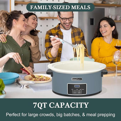 HOMECOOKIN 7-Quart Programmable Slow Cooker with Timer Keep Warm - Small Kitchen Appliance for Family Dinners - Serves 6+ People (Blue)