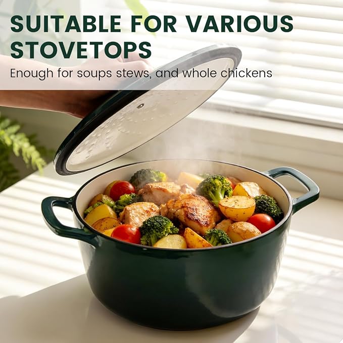 Cast Iron Dutch Oven with Lid - JINCHUFURI Enameled Cast Iron Dutchs Oven 5 Qt enamel dutch ovens Pot Heavy-Duty Cookware for Sourdough Bread Baking,Stews, Roasting,Braising(Green)