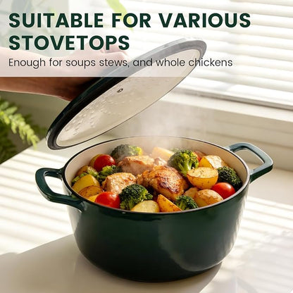 Cast Iron Dutch Oven with Lid - JINCHUFURI Enameled Cast Iron Dutchs Oven 5 Qt enamel dutch ovens Pot Heavy-Duty Cookware for Sourdough Bread Baking,Stews, Roasting,Braising(Green)