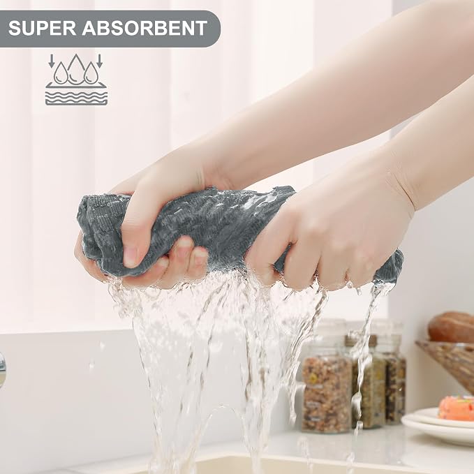 Homaxy 100% Cotton Kitchen Towels and Dishcloths Set, 12 x 12 & 15 x 25 Inches, Set of 10 Bulk Terry Cloth Dish Towels, Super Soft and Absorbent Hand Towel with Hanging Loop, Dark Grey