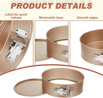 Funnymoom 4 Pcs 8 Inch Non Stick Springform Pan with Removable Bottom Carbon Steel Round Springform Cheesecake Pan with Stainless Steel Spring Buckles for Baking Kitchens Restaurant(Champagne Gold)
