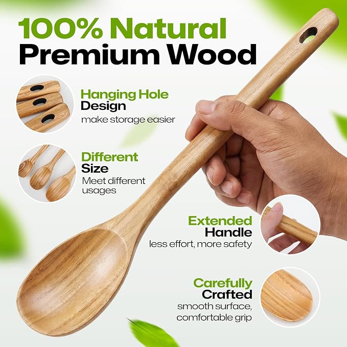 AIUHI 3Pcs Wooden Spoon Set, Different Size Wood Spoons for Cooking, Wooden Kitchen Utensils Set for Mixing, Serving and Eating