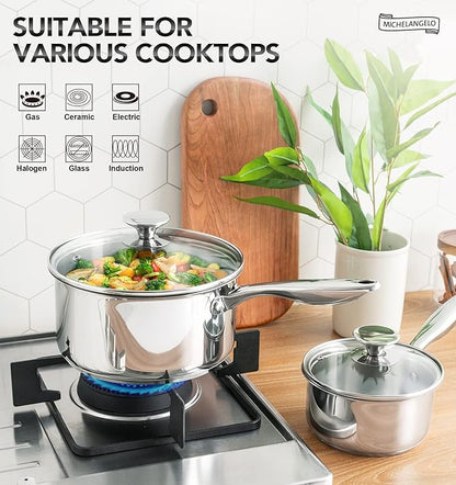 MICHELANGELO 3 Qt Saucepan with Lid, 3-ply Stainless Steel Sauce Pan, No Coating, Even Heating, for All Cooktops & Induction Compatible - Silver