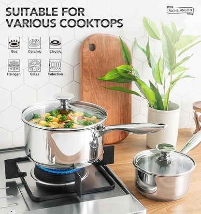MICHELANGELO Tri-ply Stainless Steel 4 Qt Saucepan with Glass Lid, 4 Quart Pot with No Coating, Even Heating, for All Cooktops & Induction Compatible - Silver